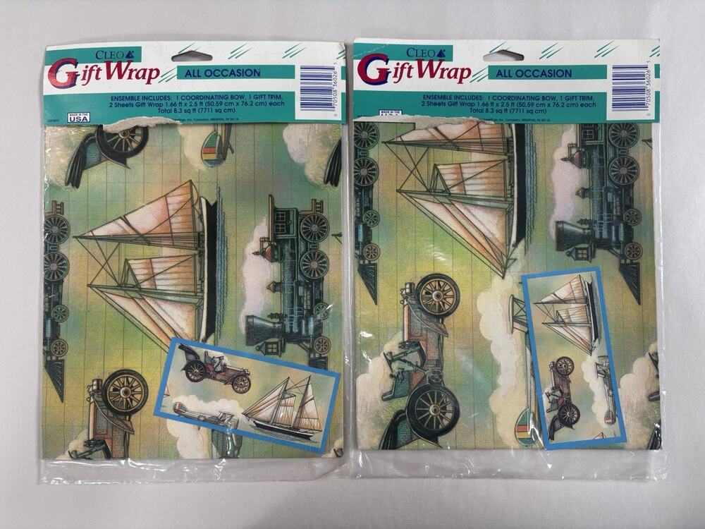 Vtg 90s Cleo Gift Wrap Lot of 2 Sealed Packages Trains Ships Planes Cars Travel